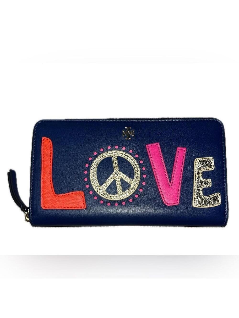 Tory Burch Peace Zip Continental Leather Wallet Navy Sea Retro Love Design